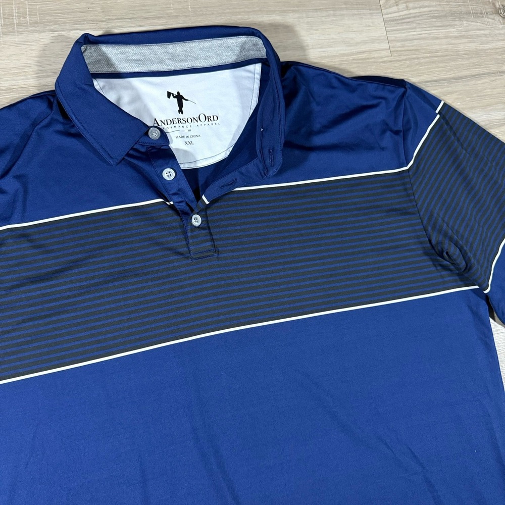 Anderson Ord Polo Shirt Mens XXL Blue Striped Performance Stretch Color Block
